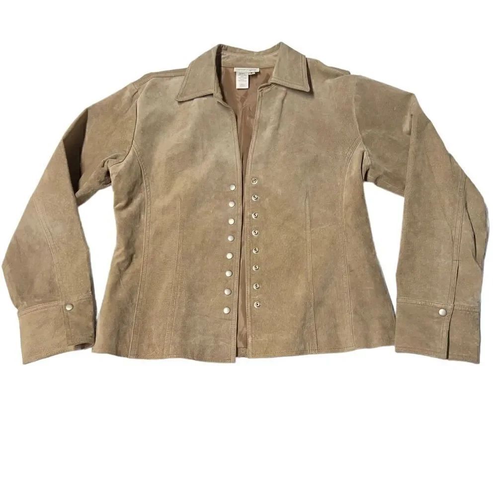 Coldwater Creek Leather Jacket Tan Suede Snap Front Snap Cuffs Small